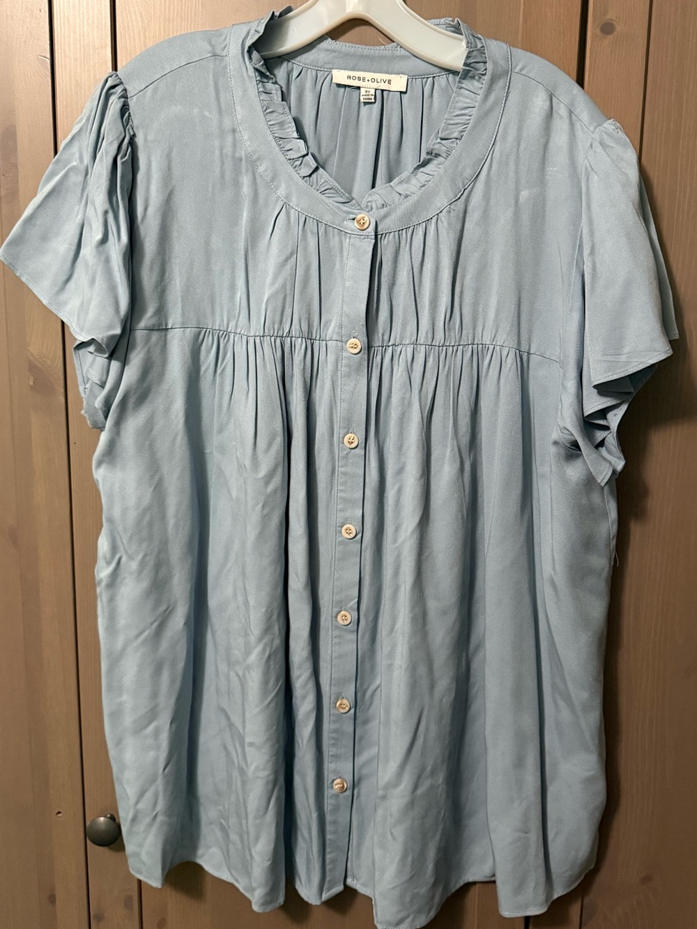 Rose & Olive Pale Blue Button-Front Ruffled Yoke Blouse